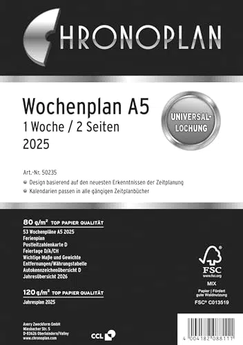 Chronoplan 50235 Kalendereinlage 2025 Wochenplan A5 für detaillierte Planung