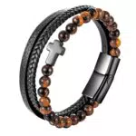 Cupimatch Herren Lederarmband mit Kreuzmanschette – Geflochtenes Edelstahl Schmuck