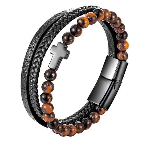 Cupimatch Herren Lederarmband mit Kreuzmanschette – Geflochtenes Edelstahl Schmuck