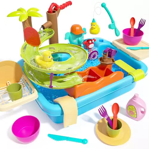 CUTE STONE Küchenspüle Spielzeug mit Wasserpumpe und Wasserrutsche für Kinder