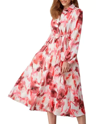 Damen A-Linien Midi Kleid mit Laternenärmeln und Gürtel von [Brand Name]