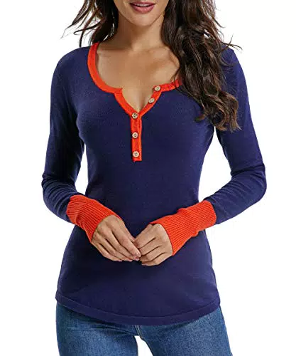Dilgul Damen Pullover Langarmshirt Strickpullover mit Knöpfen Rundhalsausschnitt