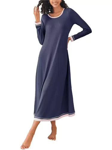 Ekouaer Damen Nachthemd Langarm Sleepshirt Nachtwäsche Sleepwear