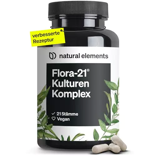 Flora 21® Kulturen Komplex - Probiotika mit Bio Inulin - 180 magensaftresistente Kapseln - Laborgeprüft & vegan - Made in Germany.