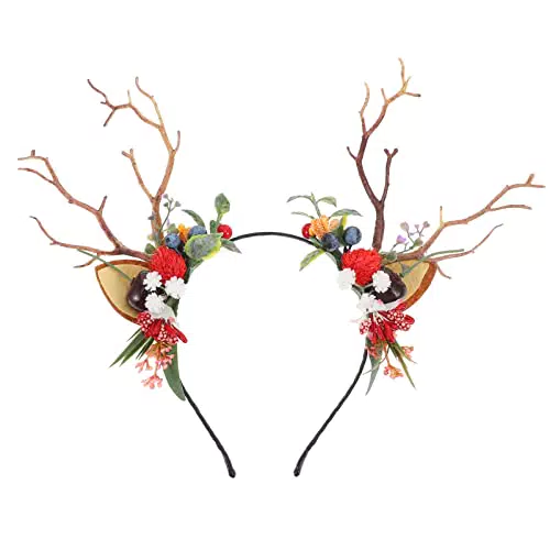FRCOLOR Rentier Geweih Haarreif mit Blumen für Weihnachten und Kostüme