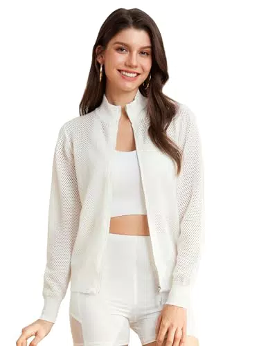 GRACE KARIN Damen Sommer Strickjacke mit Reißverschluss und langen Ärmeln