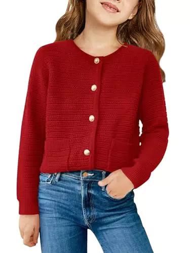 Haloumoning Mädchen Rundhals Cardigan Langarm Strickjacke Pullover