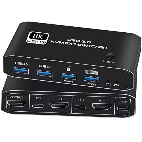 KVM Switch HDMI 8K 60Hz - 2x1 HDMI 2.1 mit 4x USB 3.0, unterstützt 4K 120Hz