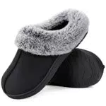 HomeTop Damen Hausschuhe aus Microsuede mit Memoryschaum und Kunstfellkragen