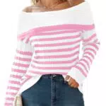 Imily Bela Damen Schulterfreier Gestreifter Pullover mit Umlegekragen