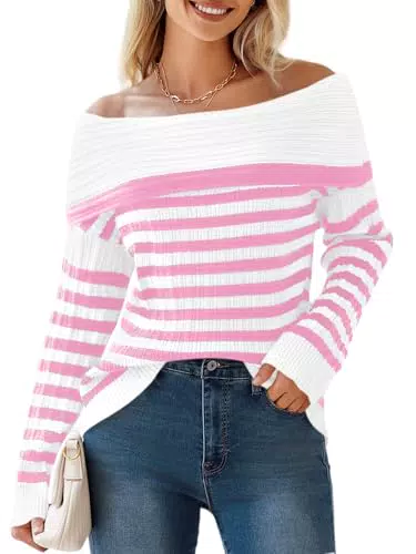 Imily Bela Damen Schulterfreier Gestreifter Pullover mit Umlegekragen
