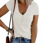 Imily Bela Damen T-Shirt V-Ausschnitt Kurzarm Crop Top Slim Fit Basic Tee