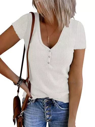 Imily Bela Damen T-Shirt V-Ausschnitt Kurzarm Crop Top Slim Fit Basic Tee