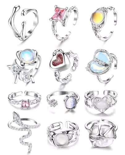JeryWe Y2K Ringe Set für Frauen - Offene Ringe mit Mondstein und Herzdesign