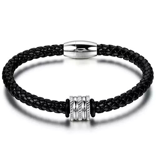 JewelryWe Herren Armband Retro Kreis Geflochtenes Leder mit Edelstahlverschluss