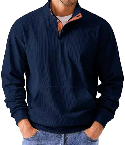 JMIERR Herren Sweatshirt Langarm Stehkragen Knopf Pullover mit Tasche