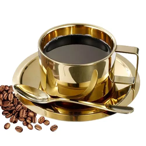 Edelstahl Kaffeetassen Set doppelwandig mit Löffel und Untertasse für Kaffee und Tee