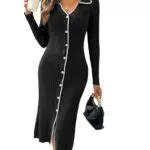 Kate Kasin Damen Langarm Pulloverkleid V-Ausschnitt mit geripptem Reverskragen