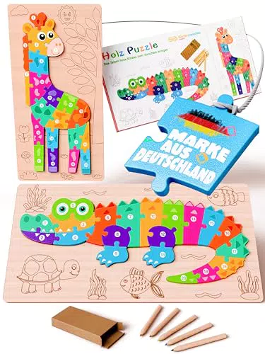 Kinderparadies Holzpuzzle Set – Krokodil & Giraffe – Kreativer Spielspaß für Kinder