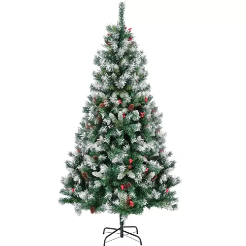EDWINENE Künstlicher Weihnachtsbaum 180 cm mit Tannenzapfen und roten Beeren