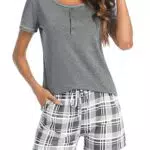 Damen Schlafanzug aus Baumwolle mit kurzem Pyjama-Set und Rundhals-Shirt