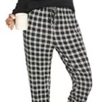 Lovasy Damen Schlafanzug Langarm V-Ausschnitt mit Taschen, Kariert Pyjama Set