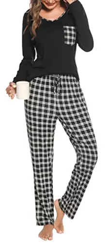 Lovasy Damen Schlafanzug Langarm V-Ausschnitt mit Taschen, Kariert Pyjama Set