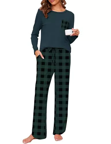 Namatime Schlafanzug Damen Langarm Pyjama Baumwolle Kariert Loungewear