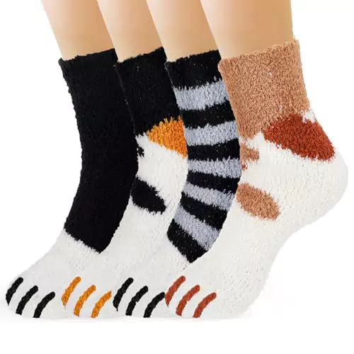 Kuschelsocken für Damen – Flauschige Bettsocken mit Katzenmotiv für den Winter