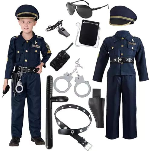 Rouingdd Polizei Kostüm Kinder mit Hemd, Hose, Hut und Zubehör für Karneval