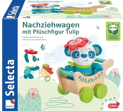 Selecta Nachziehwagen mit Plüschfigur Tulip – Schiebe- und Nachziehspielzeug aus Holz