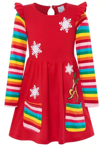 SFreeBo Mädchen Weihnachtskleid mit Rentier und Schneeflocken, Langarm