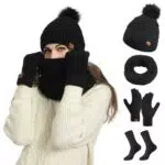 Smgbway Beanie Mütze, Schal und Handschuhe Set für Damen, warm und weich