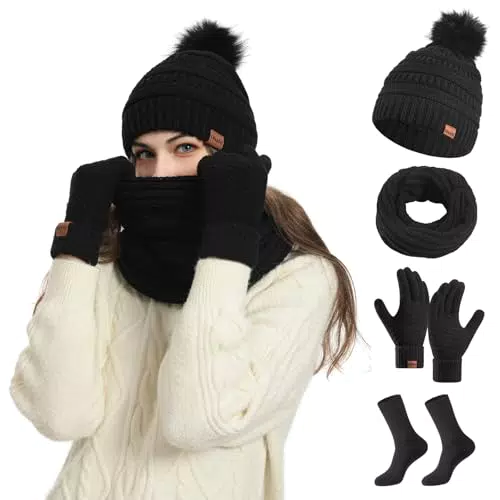 Smgbway Beanie Mütze, Schal und Handschuhe Set für Damen, warm und weich