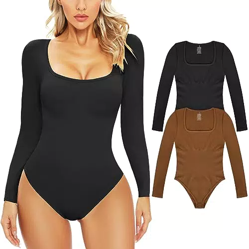 Svanco Damen Langarm Bodysuit - Shaping Body Shaper mit U-Kragen und Bauchweg-Effekt