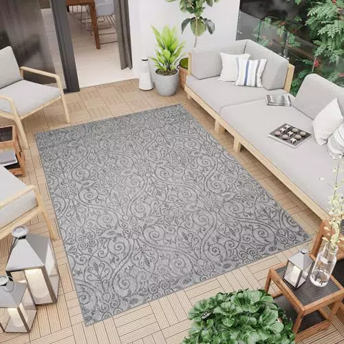 TAPISO Capri Outdoor Teppich Floral Design Wetterfest für Balkon und Terrasse