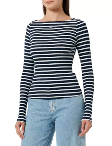 Tommy Jeans Damen Langarmshirt mit Breton Streifen und U-Boot-Ausschnitt