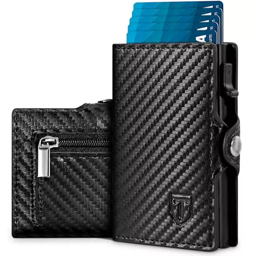 Tomylv Herren Geldbörse Slim RFID Schutz Carbonfaser mit Popup und Münzfach