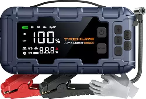 TREKURE Starthilfe Powerbank mit Luftkompressor und 600 Lumen LED