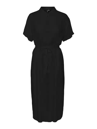 VERO MODA Damen Midi Kleid Kurzarm mit Gürtel und Hemdkragen VMBUMPY