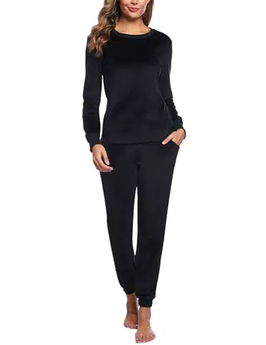 Wayleb Damen Schlafanzug Velour Pyjama Set Langarm Rundhals Flanell Loungewear