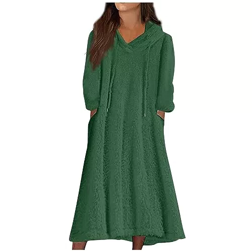 Damen Fleece Winterkleid mit Kapuze, Langarm, V-Ausschnitt und Taschen