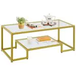 Yaheetech Couchtisch mit 2 Ablagen aus Hartglas und Metallrahmen für Wohnzimmer