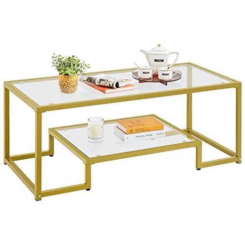 Yaheetech Couchtisch mit 2 Ablagen aus Hartglas und Metallrahmen für Wohnzimmer