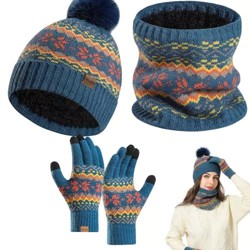 Thermische Strickmütze mit Schal und Handschuhen - Weiches Fleece-Futter Set