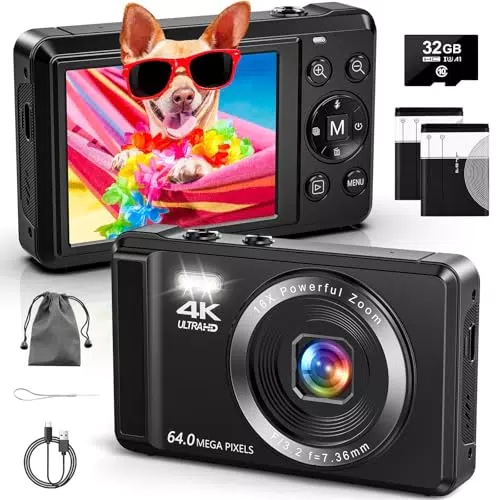 Digitalkamera 4K mit 64 MP, Autofokus und 16X Digitalzoom für Anfänger