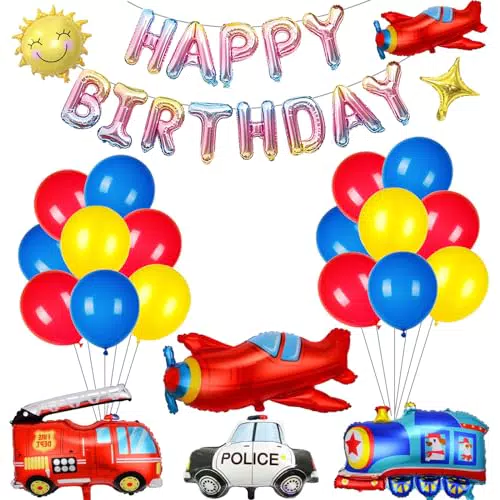 ALEGRE® Kindergeburtstag Deko - Flugzeug, Zug, Polizei und Feuerwehr Ballons