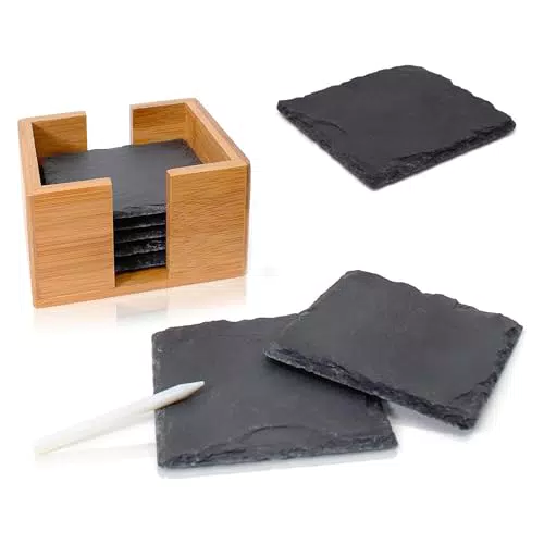 Amazy Schiefer Untersetzer Set – Dekorative Glasuntersetzer mit Bambus-Halter