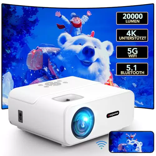 Beamer 4K Full HD 1080P, 20000 Lumen, Mini LED Heimkino Projektor mit Bluetooth und Dual WiFi