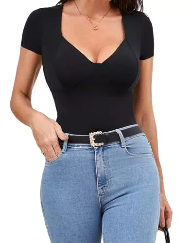 BEINF Damen Bodysuit mit tiefem V-Ausschnitt und kurzem Arm für Ausgehen